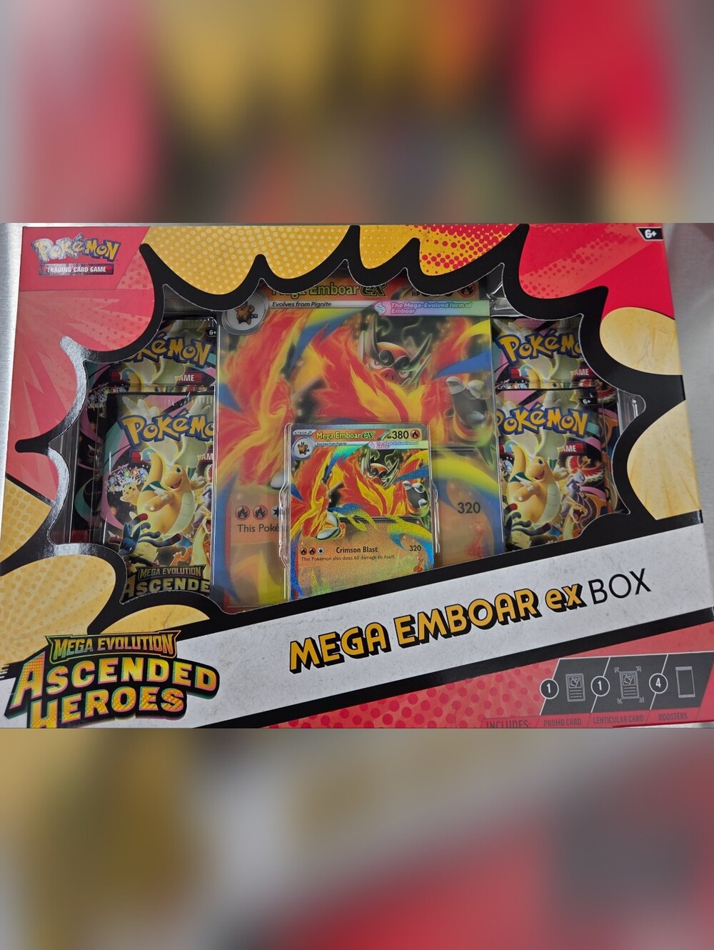 Pokemon Mega Emboar ex Box - Red, Yellow, Orange with free sealed pokemon card.
